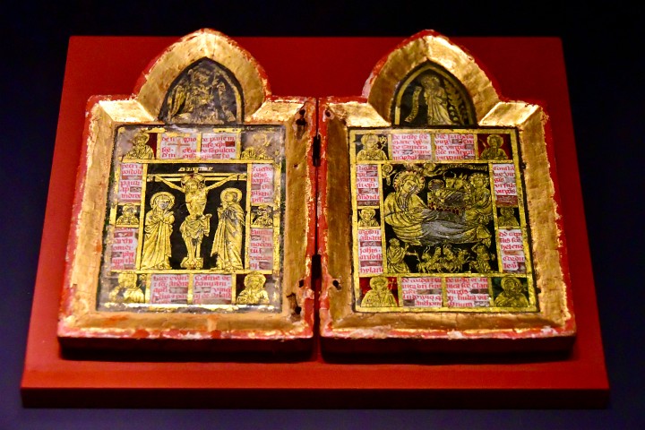 14th Century Italian Diptych With the Crucifixion and the Nativity With Relics Including Saints Francis and Clare
